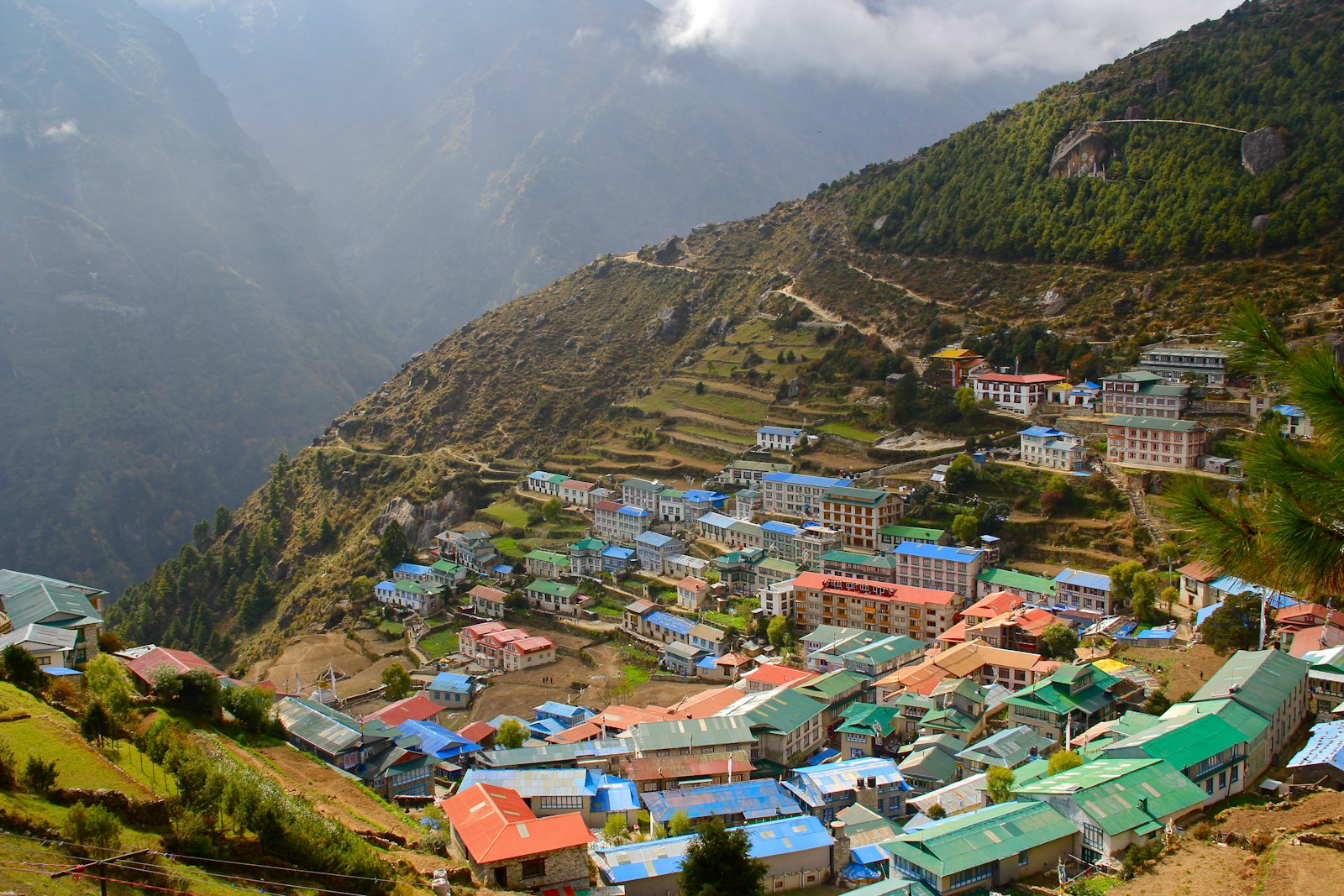Colourful tin-roofed lodges of Namche Bazaar set in its hillside amphitheatre, Khumbu, Nepal