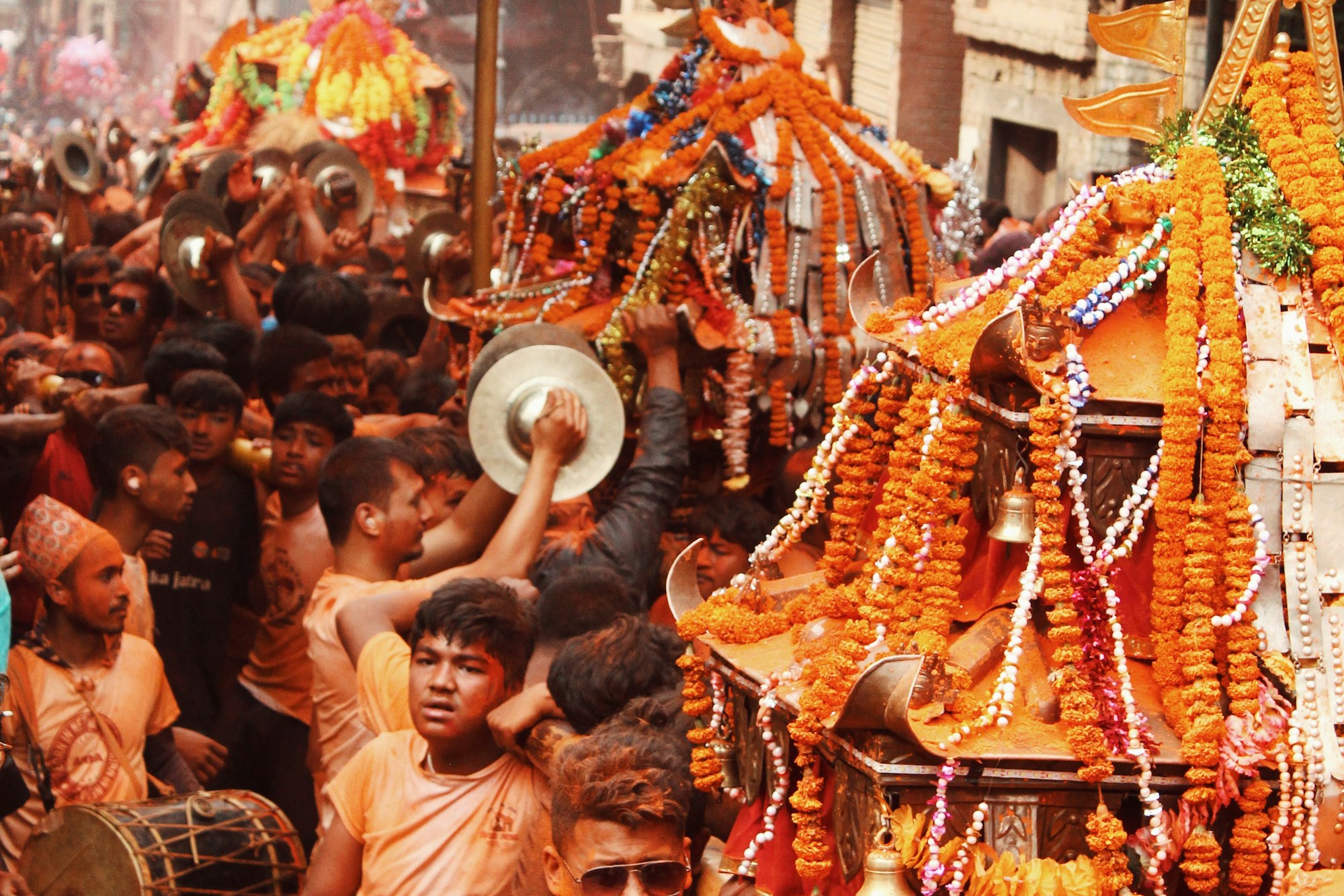 Performers in traditional costume at a street festival in Bhaktapur, Nepal
