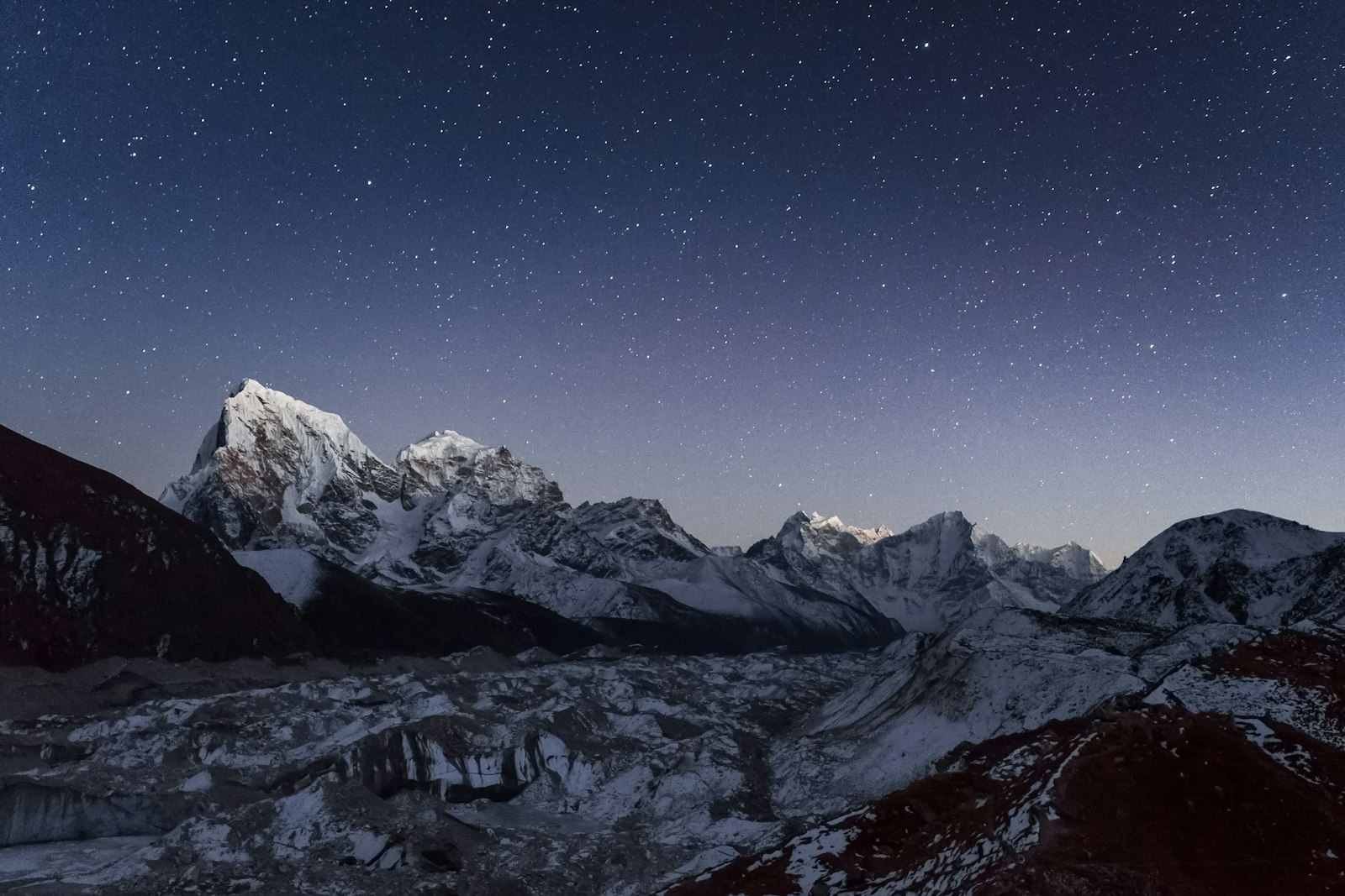 Starlit night over the Khumbu glacier and high peaks above Everest Base Camp, Nepal
