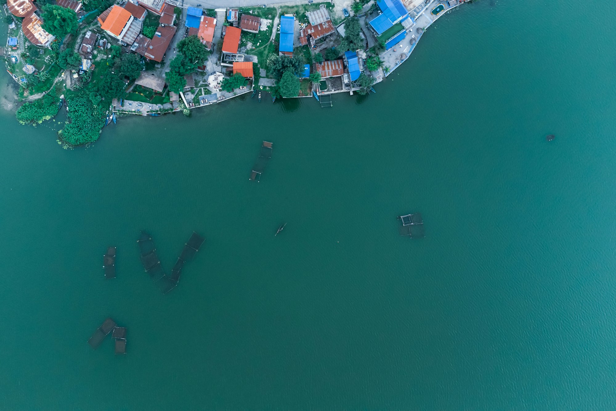 Aerial view of Pokhara along the shore of Phewa Lake, Nepal